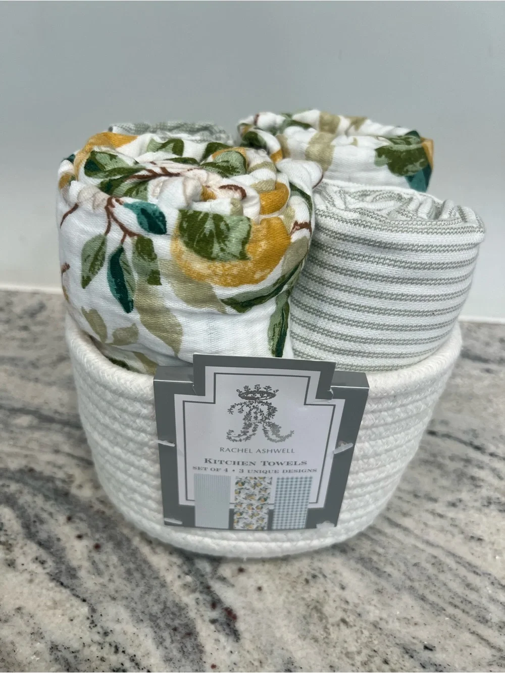 4 Rachel Ashwell lemons & Stripe Kitchen Towel Set with basket
